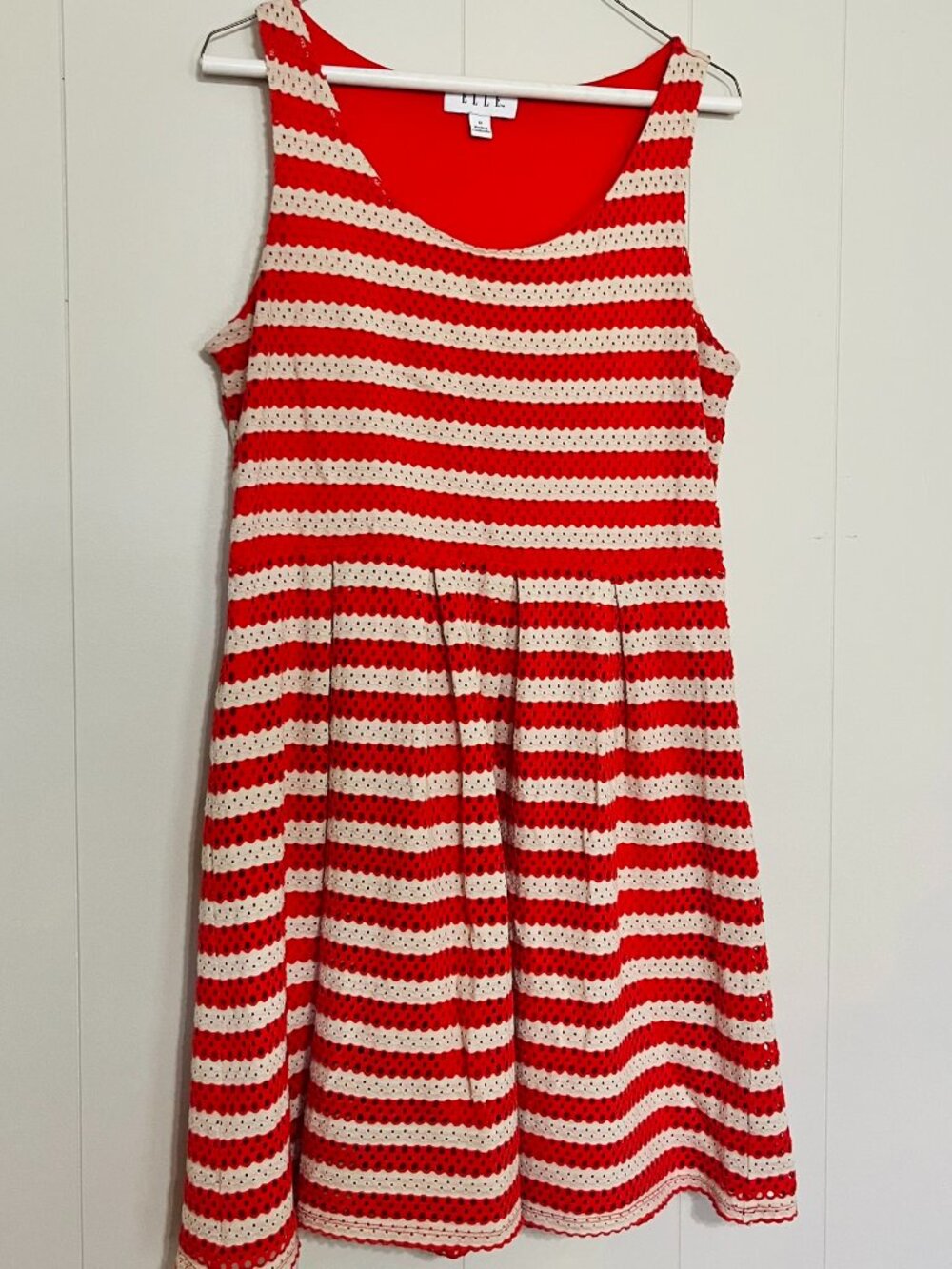 ELLE Red White Striped Eyelet Sleeveless Fit Flare Dress Size 12